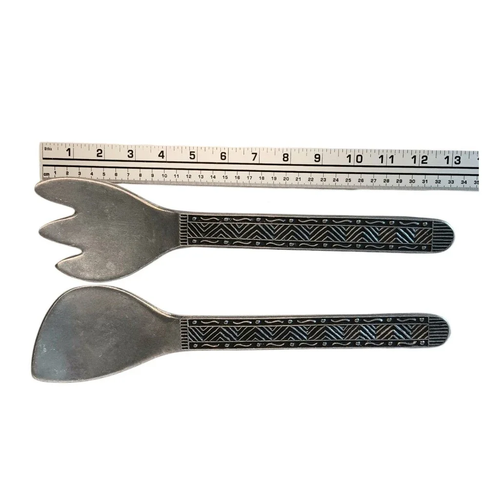 Wilton Armetale Pewter Serving Utensils Spoon & Fork Black & Silver Aztec Design